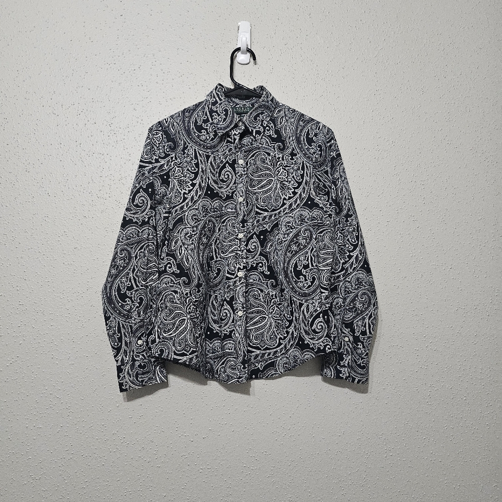 Lauren Ralph Lauren Petite Paisley Button Shirt PM Black White Cotton Top